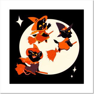 Halloween Kitten Witches Broomstick Ride Posters and Art